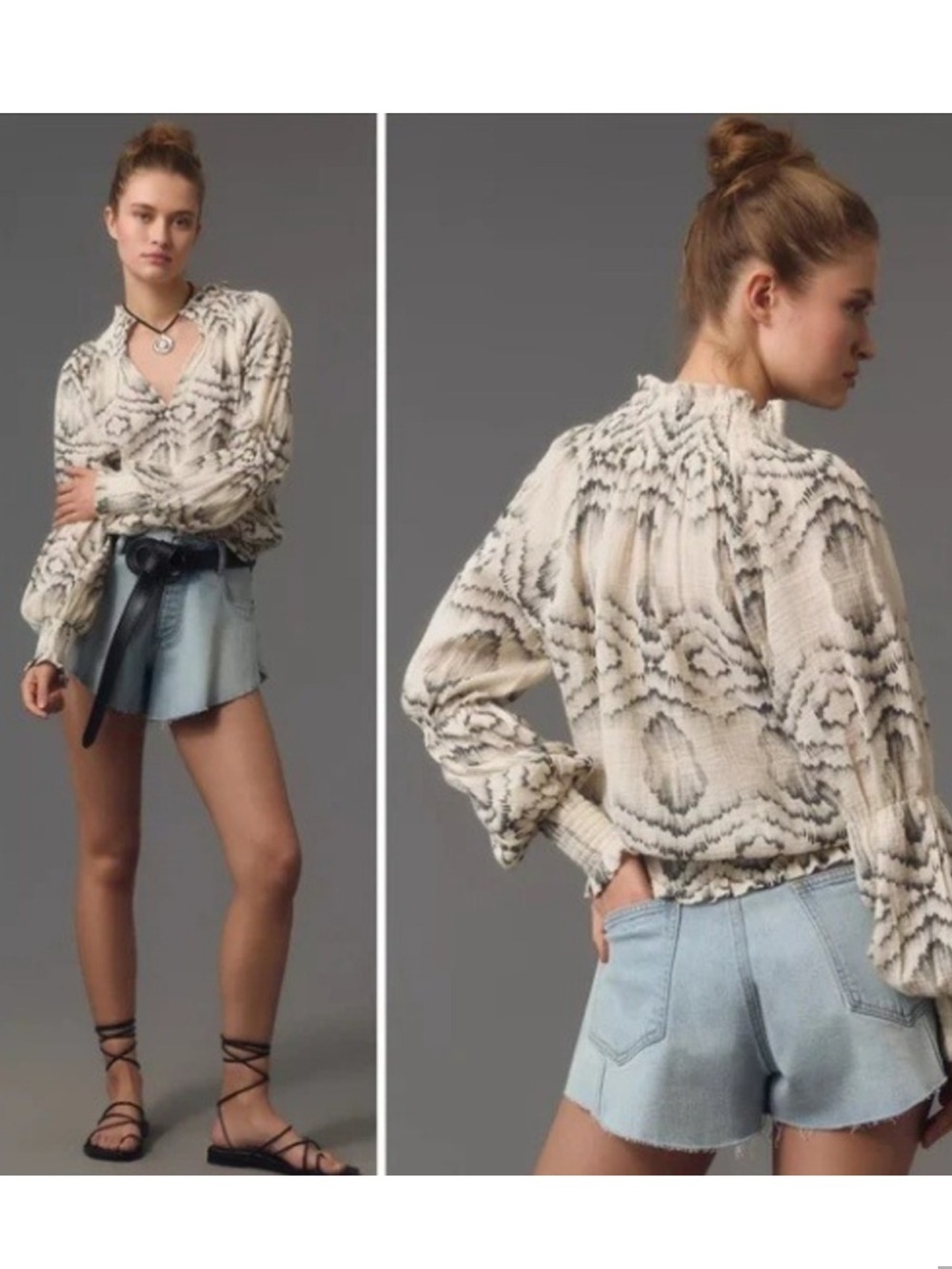 Anthropology Porridge S Ines cotton gauze ruffle sleeve V-neck peasant blouse